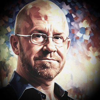 Faded digital portrait of a bald man with glasses and a gray-reddish goatee, rendered in an expressive painterly style. A mosaic-like background of muted blue, purple, red, and green brushstrokes. The subject wears rimless glasses and a dark blue collared shirt, looking directly at the viewer with a neutral, serious expression.