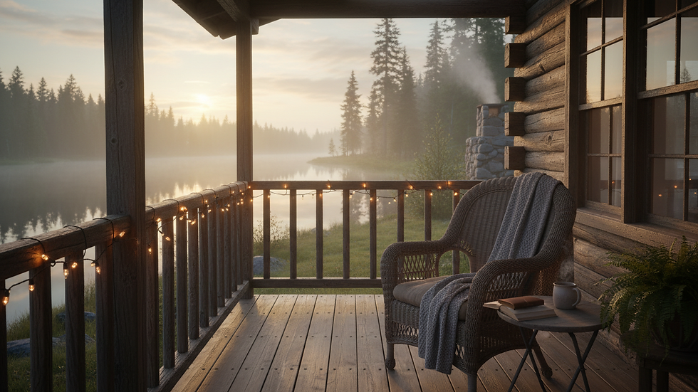Close-up view of a calm lakeside cabin with a single chair on the porch
