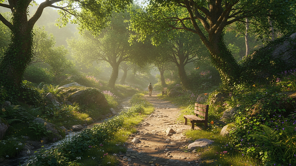 Wide angle view of a quiet mountain trail surrounded by lush greenery