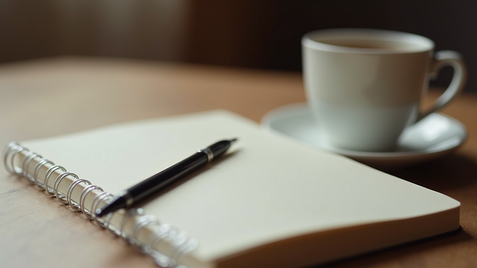 Close-up view of a journal and pen on a wooden table beside a cup of tea