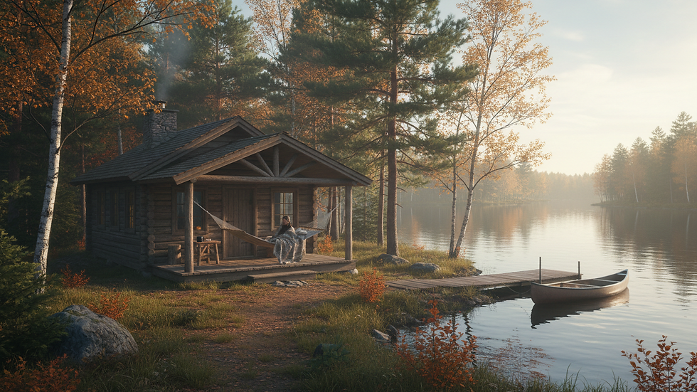 Eye-level view of a serene lakeside cabin surrounded by trees