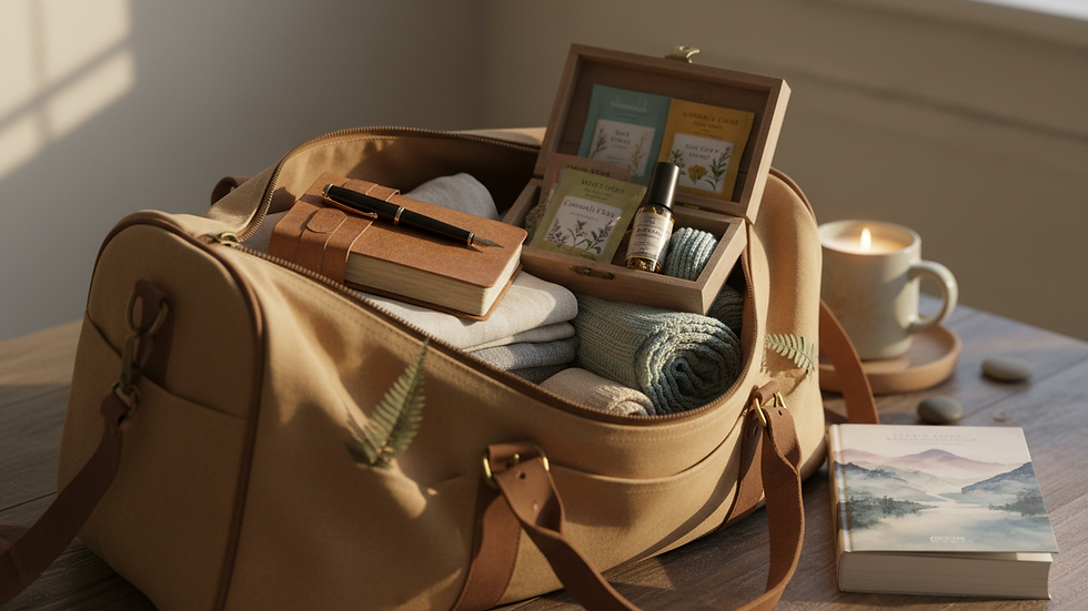 Close-up view of a packed travel bag with calming essentials like a journal and herbal tea