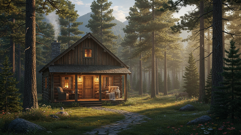 Eye-level view of a peaceful mountain cabin surrounded by tall pine trees