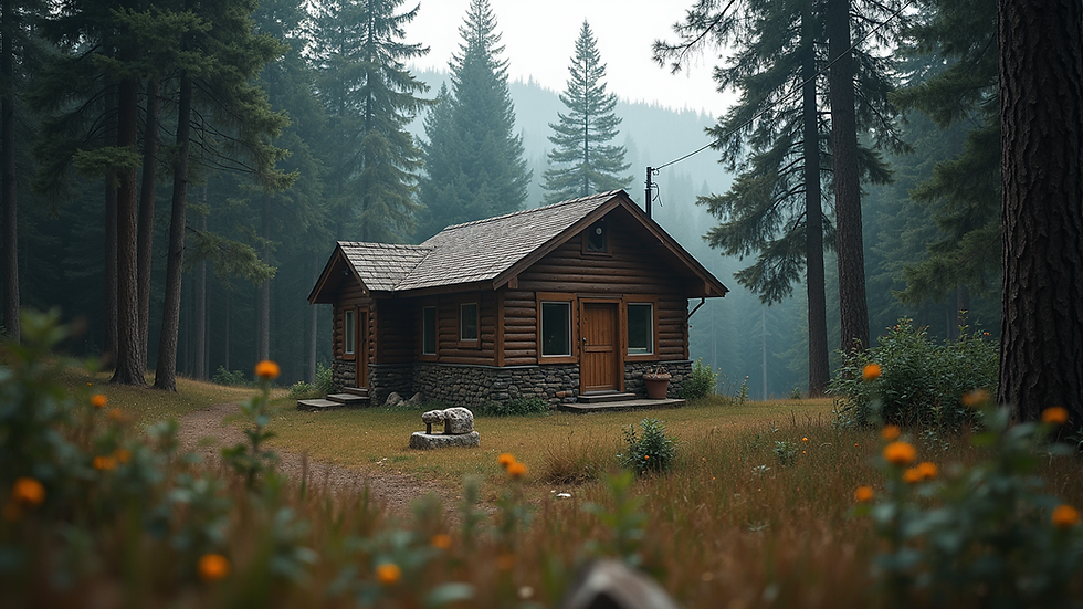 Eye-level view of a quiet mountain cabin surrounded by trees