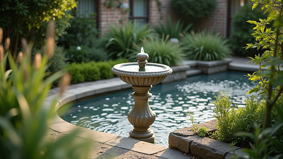 High angle view of a serene garden with a small water fountain for relaxation