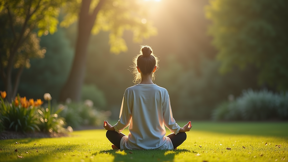 Eye-level view of a person meditating in a peaceful garden
