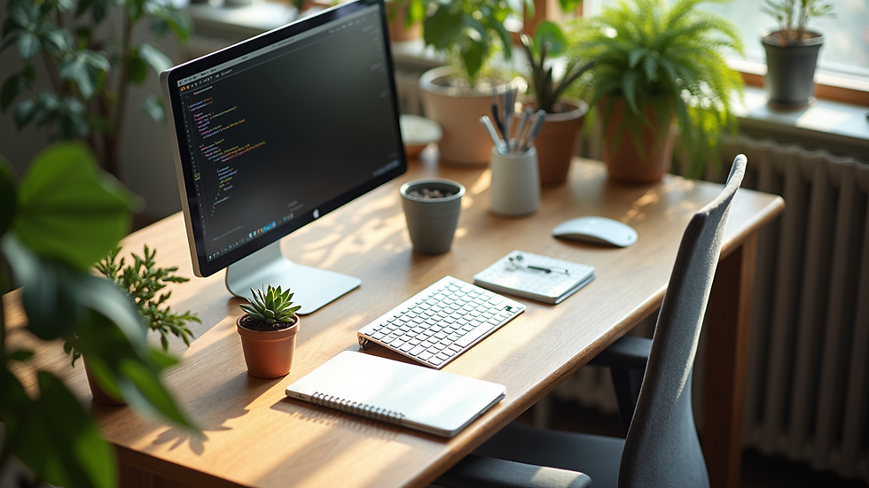 High angle view of a tidy workspace with plants and natural light