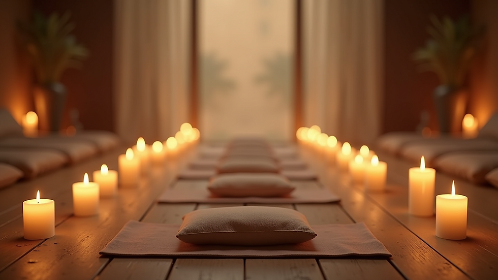 Eye-level view of a serene meditation space with candles and cushions