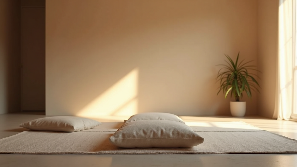 Eye-level view of a serene meditation space with cushions and soft lighting