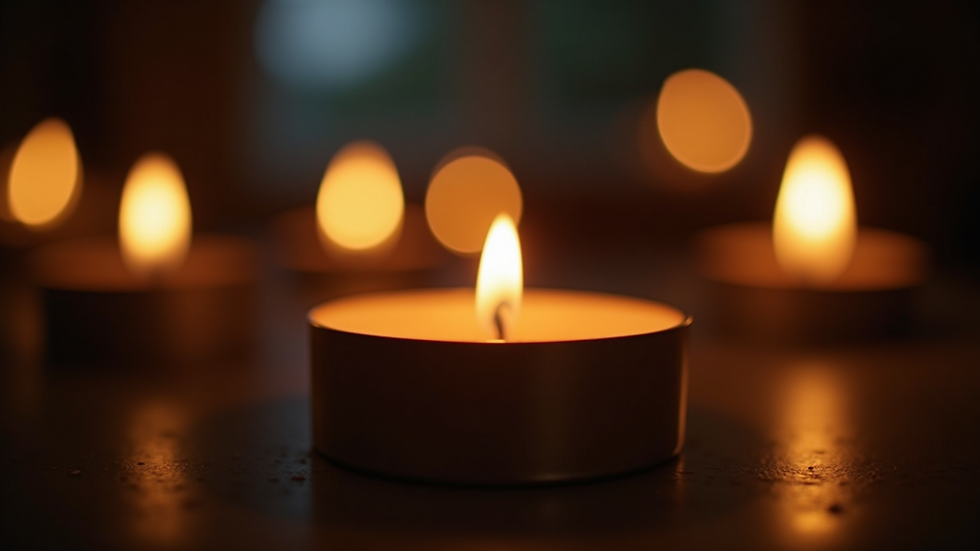 Close-up view of a glowing candle flame in a dimly lit room