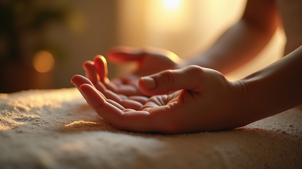 Close-up view of hands performing Reiki energy healing