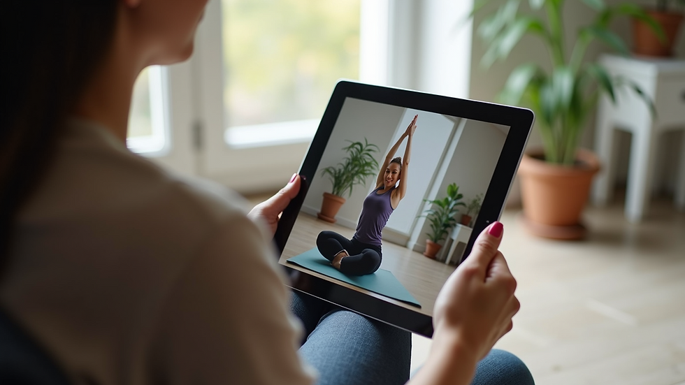 Close-up view of a tablet displaying a yoga class streaming online
