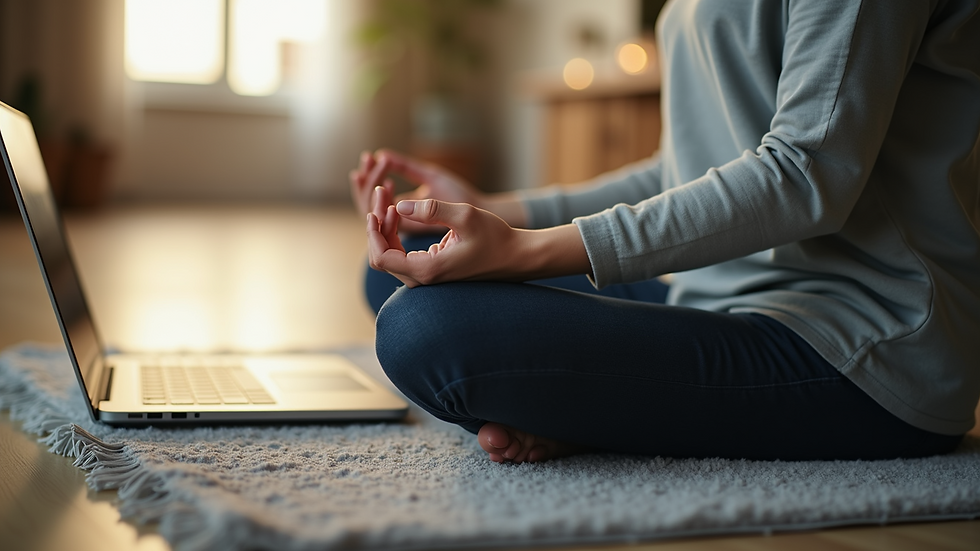 Eye-level view of a person meditating with a laptop displaying a meditation app