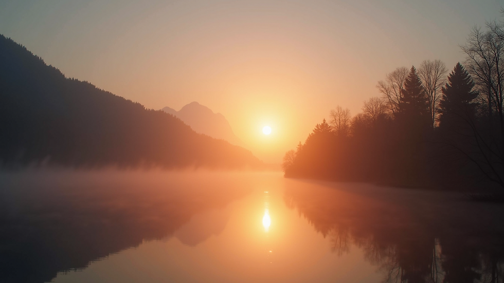 Eye-level view of a serene sunrise over a calm lake