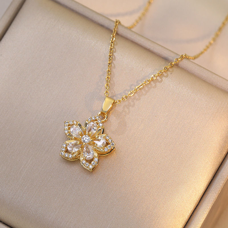 Thumbnail: Light Luxury Spin Zircon Flower Pendant Necklace for Women Gold Color Quality Hi