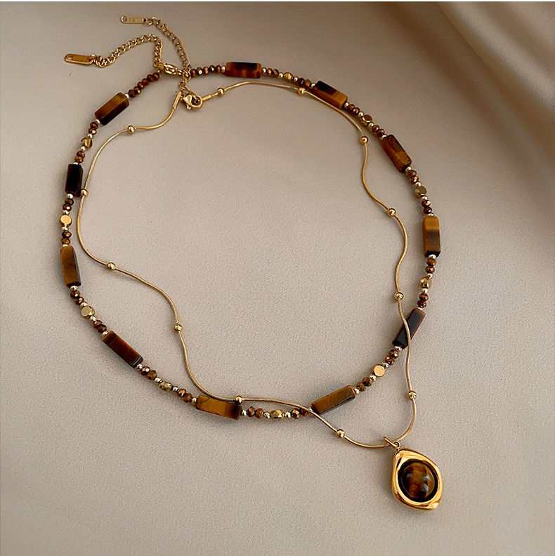 Thumbnail: Retro Temperament Layered Tiger Eye Stone Pendant Necklace For Women Stainless s