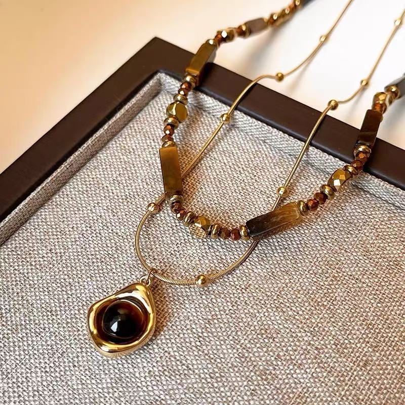Thumbnail: Retro Temperament Layered Tiger Eye Stone Pendant Necklace For Women Stainless s