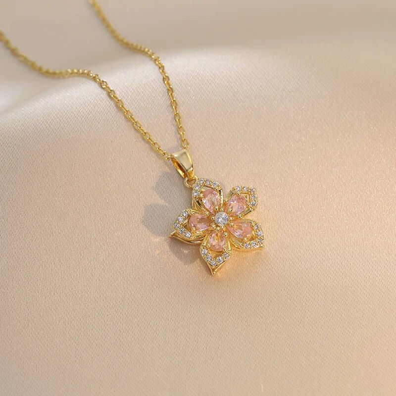 Thumbnail: Light Luxury Spin Zircon Flower Pendant Necklace for Women Gold Color Quality Hi