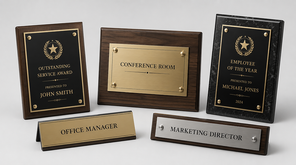 Engraved office nameplate mounted on a wall