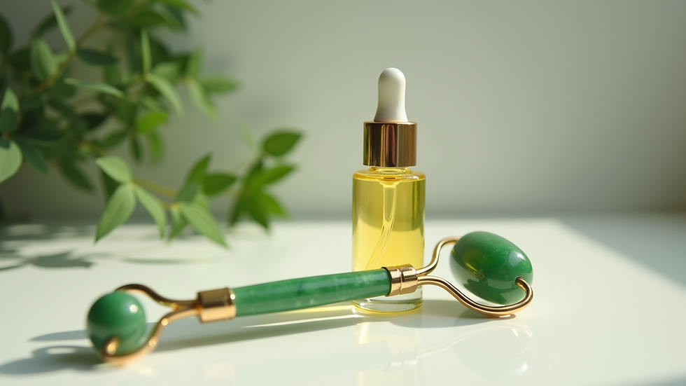 Eye-level view of a jade roller next to a bottle of facial serum