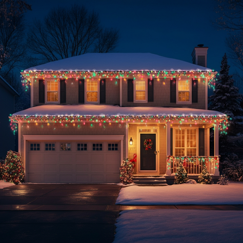 two-story house beautifully decorated with colorful Christmas lights and a fresh blanket of snow at night.