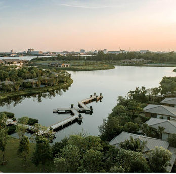 Pristine lake surrounded by villas