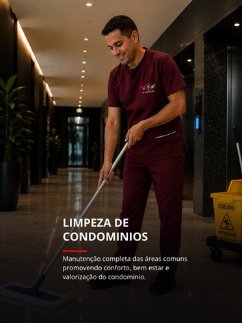 Homem com vassoura limpando o chão do hall de um condominio