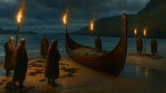 Livros Vikings | Uma representação moderna de um sepultamento em navio durante a Era Viking. — Crédito da Imagem: ChatGpt
