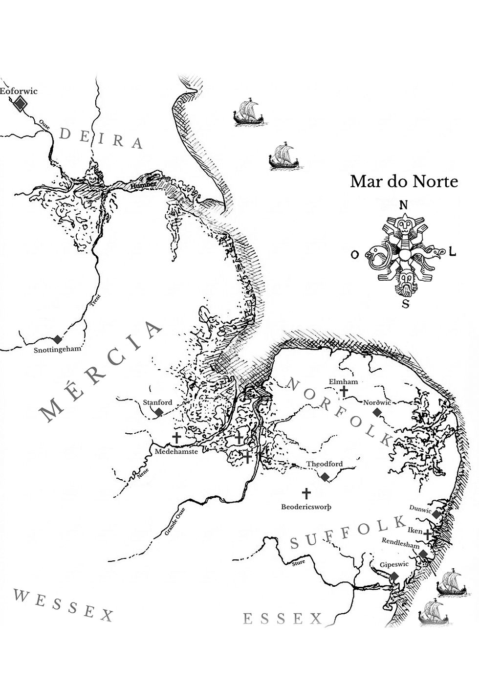 Livros Vikings | Mapa antigo em preto e branco da costa leste da Inglaterra, com reinos como Deira, Mércia, Norfolk e navios no Mar do Norte.