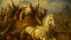 Livros Vikings | Uma representação moderna da ilustração da Batalha de Bråvalla de Lorenz Frølich, 1852. — Crédito da Imagem: ChatGpt