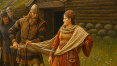 Livros Vikings | Uma representação moderna da pintura de Andreas Bloch de Helgi limpando sua espada nas roupas de Guðrún na Saga do Povo de Laxardal. —Crédito da Imagem: ChatGpt