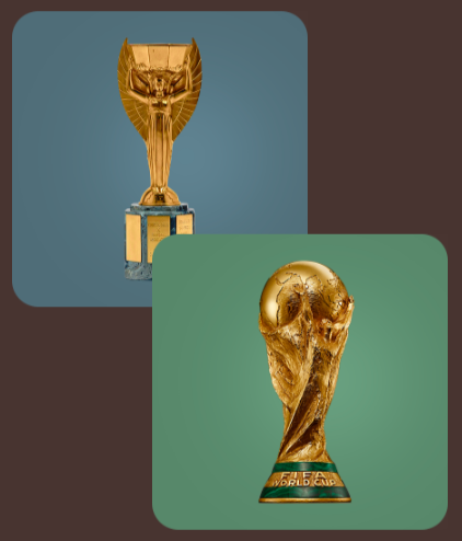 Livros Vikings | O Troféu Jules Rimet (ao fundo) e a atual taça do Mundo da FIFA. — Crédito da Imagem: FutFanatics