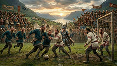 Livros Vikings | Uma ilustração fantasiosa de uma partida de futebol de vikings contra eslavos. — Crédito da Imagem: Nano banana