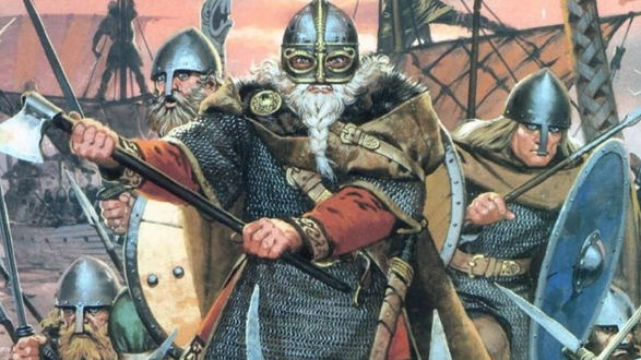 Livros Vikings | Uma ilustração detalhada mostrando um grupo de guerreiros vikings. No centro, um guerreiro veterano com barba branca e elmo de proteção facial proeminente segura um machado de batalha. Ele usa cota de malha e capa de pele. À sua direita, um guerreiro mais jovem segura um escudo azul redondo e lança. Outros guerreiros estão à esquerda. O fundo mostra uma praia com navios viking (langskip) e atividades de desembarque ao pôr do sol.