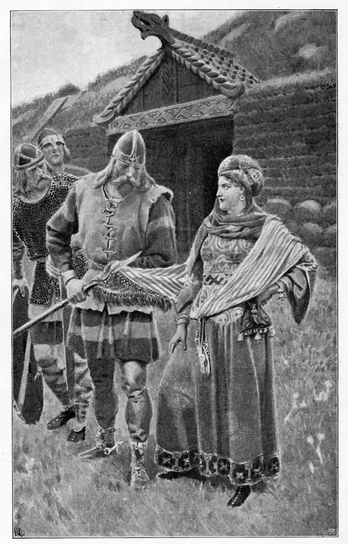 Livros Vikings | Representação do pintor Andreas Bloch de Helgi limpando sua espada nas roupas de Guðrún na Saga do Povo de Laxardal. — Crédito da Imagem: Wikimedia commons