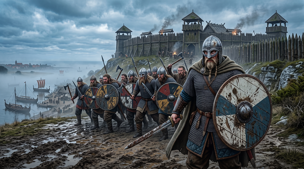 Livros Vikings | Guerreiros vikings armados diante de fortaleza de madeira em colina, com navios no porto e céu tempestuoso ao fundo.