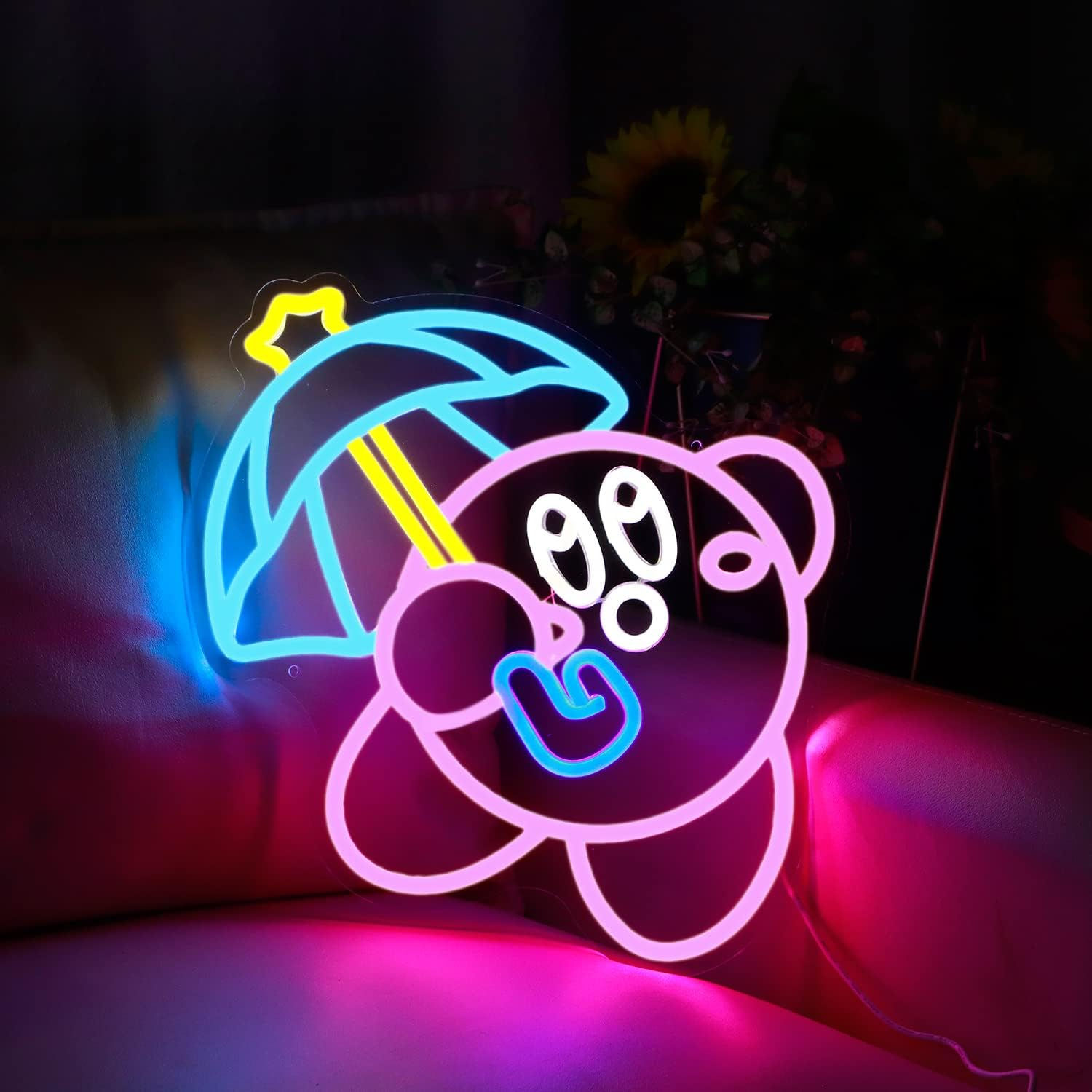 Kawaii Kirby Umbrella Neon USB Powered LED Sign for Game Room Wall Decor 