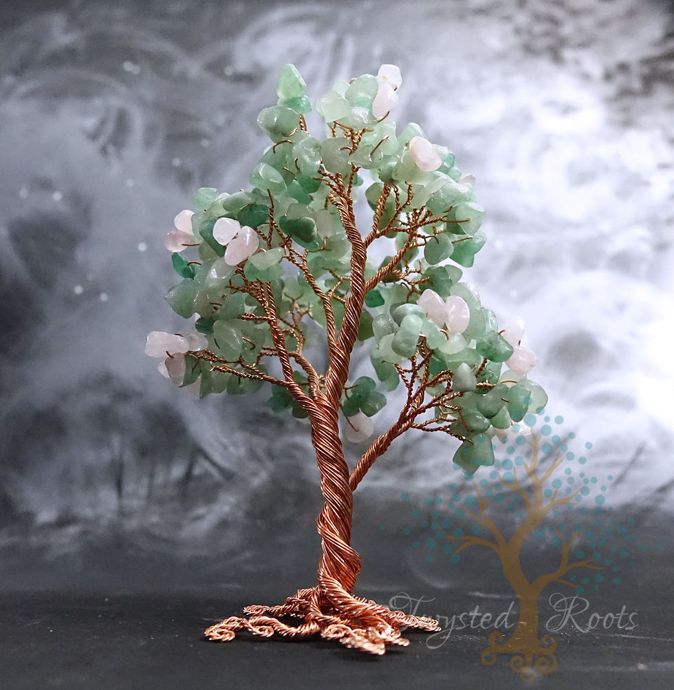 Thumbnail: Green aventurine and rose quartz gemstone tree sculpture