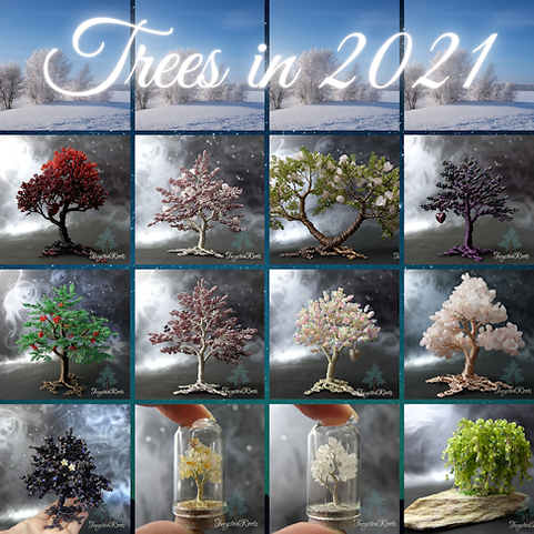 Grid of 12 bead and wire trees by Twysted Roots. Text at top reads "Trees in 2021"