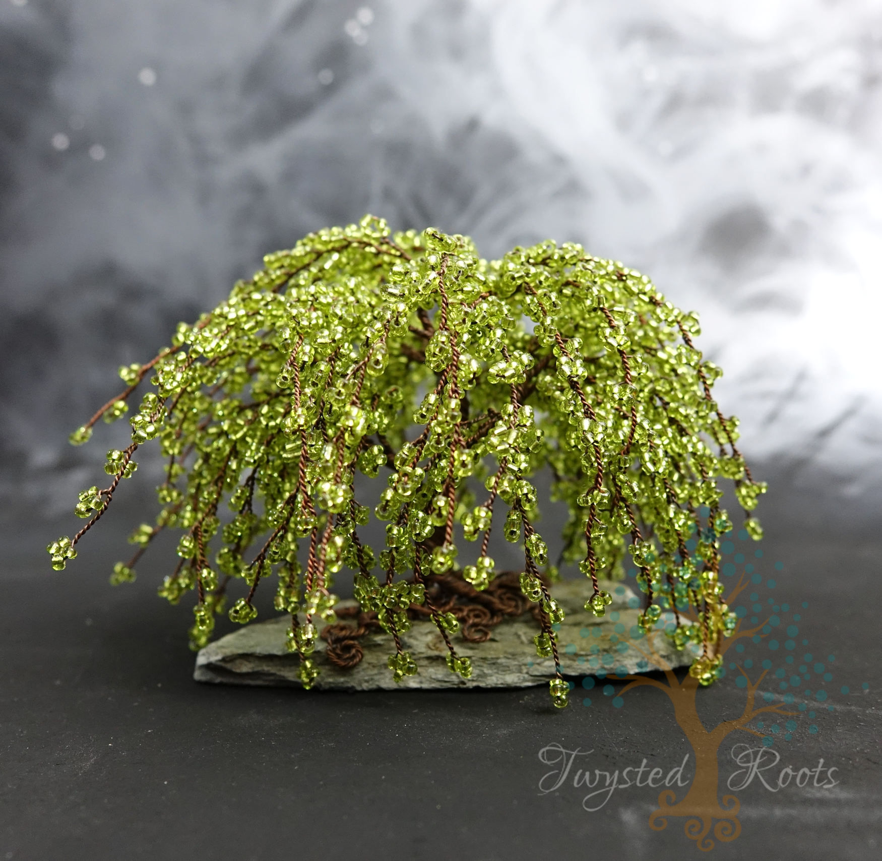 Green bead and wire weeping willow tree sculpture by Twysted Roots