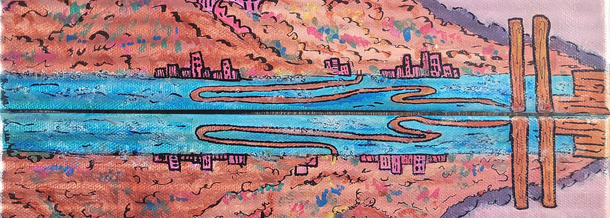 A pastel image of two twin islands reflecting each other