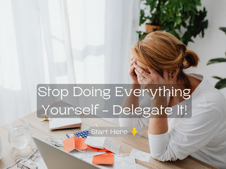 Stressed small business owner overwhelmed by administrative tasks and paperwork, promoting virtual assistant services with the message 'Stop Doing Everything Yourself – Delegate It.'