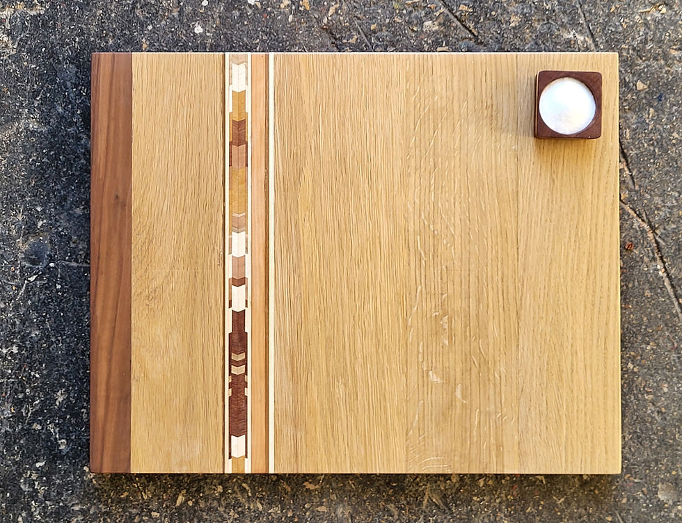 Thumbnail: Handmade oak and walnut challah board with geometric inlay and matching salt dish, also usable as a charcuterie board.
