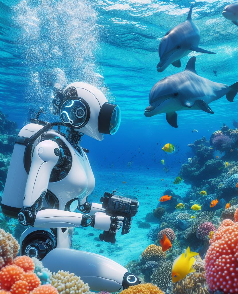Roboter taucht mit Delphinen
