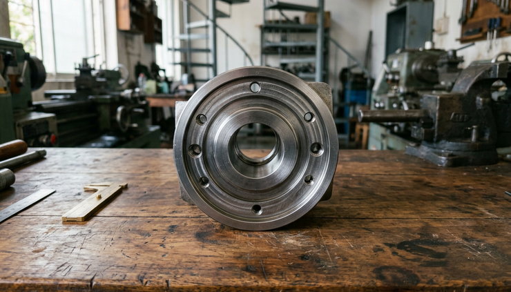 Eye-level view of a small workshop machine part on a clean wooden surface.