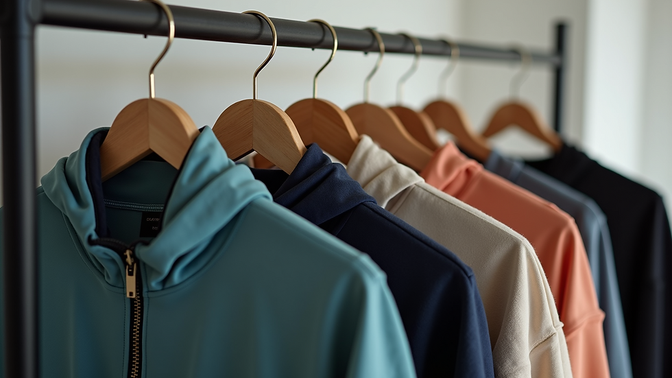 Close-up view of modern athleisure wear hanging on a rack