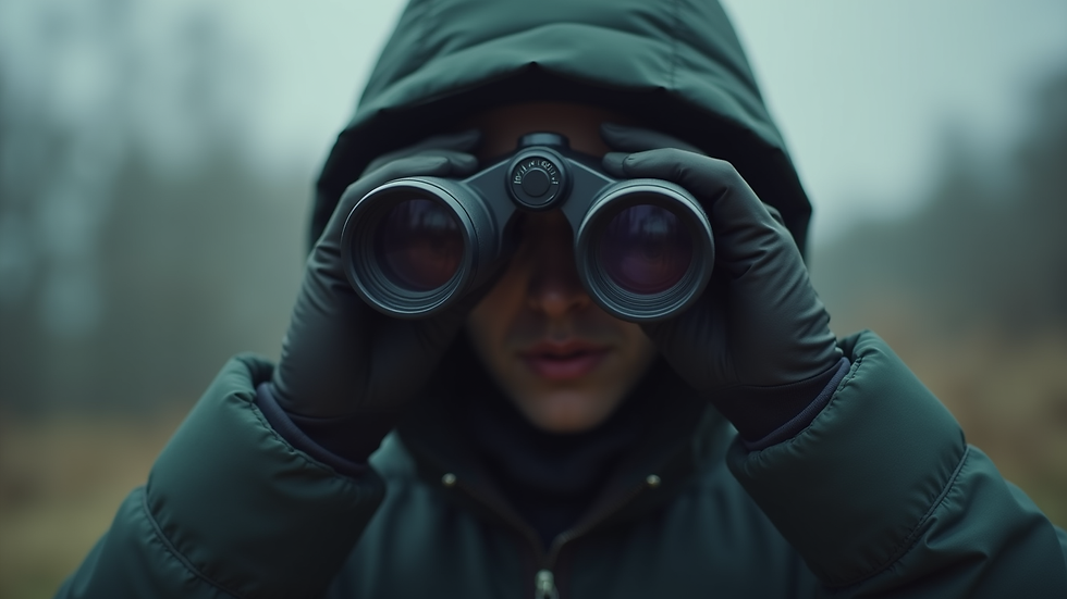Close-up view of investigator conducting surveillance with binoculars