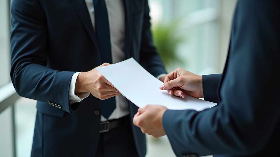Close-up view of a process server handing over legal papers to a recipient
