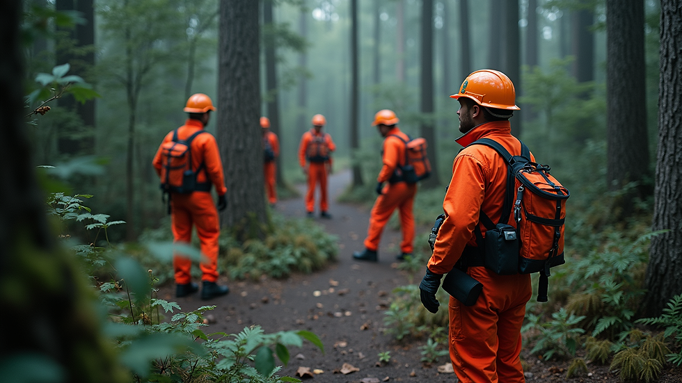 High angle view of search and rescue team planning in a forested area