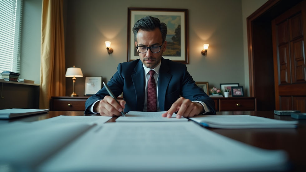 Eye-level view of a private investigator reviewing documents in an office